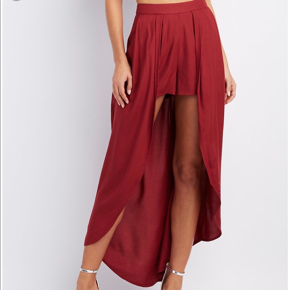 Layered maxi skirt shorts in burgundy
